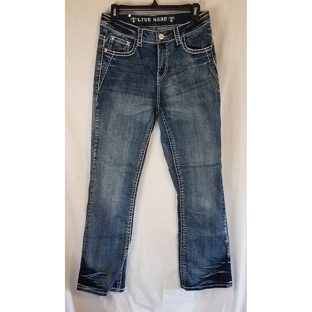 Live Hard Women Jeans Sz 8 (28x29) Rhinestones Bling Stretch Thick Stitch Blue‎